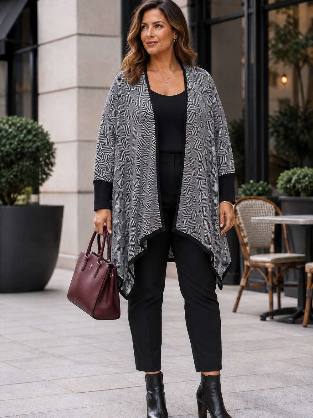 Alfani Black White Geometric Open Front Cardigan 2X Minimalist Monochrome Work